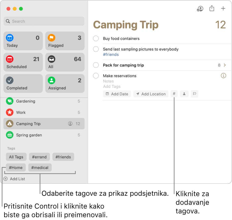 Prozor aplikacije Podsjetnici s prikazom nekoliko tagova u rubnom stupcu i podsjetnikom da je na njemu primijenjen jedan tag.
