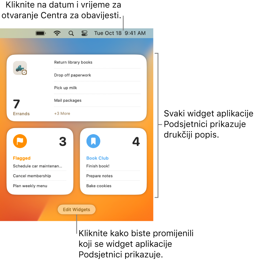 Tri widgeta Podsjetnika u Centru za obavijesti, svaki prikazuje drugi popis.