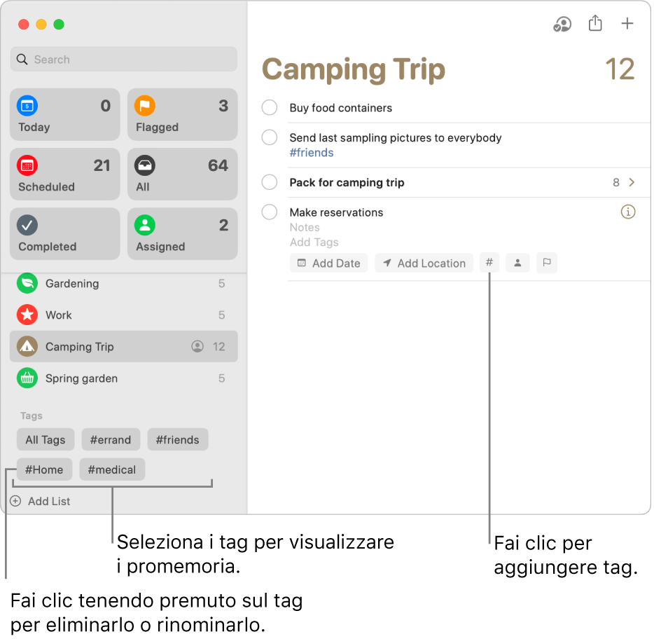 Una finestra di Promemoria che mostra diversi tag nella barra laterale e un promemoria con un tag applicato.