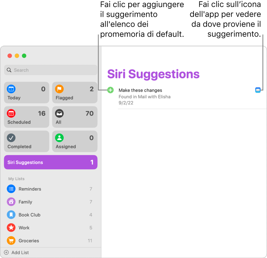 Un elenco “Suggerimenti di Siri” nell'app Promemoria che mostra un promemoria suggerito dall'app Mail.
