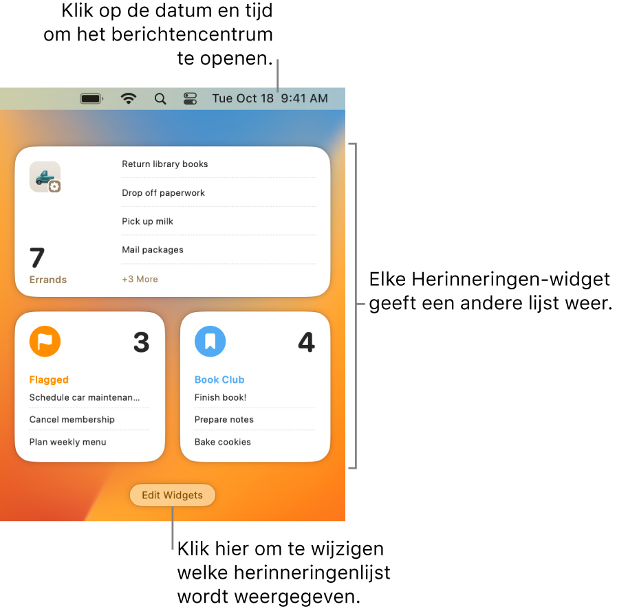 Drie Herinneringen-widgets in het meldingencentrum, met elk een andere lijst.