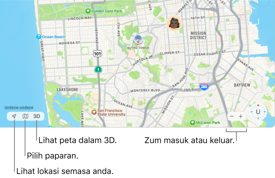 Paparan tetingkap Cari menunjukkan lokasi orang pada peta. Di penjuru kiri bawah, gunakan butang untuk melihat lokasi semasa anda, memilih paparan dan melihat peta dalam 3D. Di penjuru kanan bawah, gunakan butang zum untuk zum masuk atau keluar pada peta.