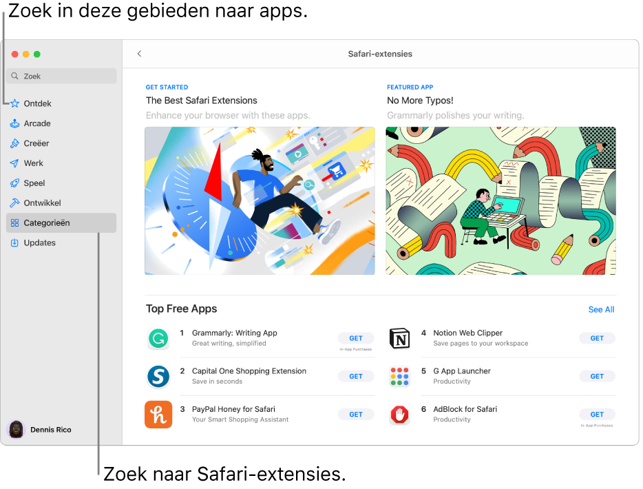 De pagina met Safari-extensies van de Mac App Store. De navigatiekolom aan de linkerkant bevat links naar andere pagina's: 'Ontdekken', 'Arcade', 'Creëren', 'Werken', 'Spelen', 'Ontwikkelen', 'Categorieën' en 'Updates'. Aan de rechterkant staan de beschikbare Safari-extensies.