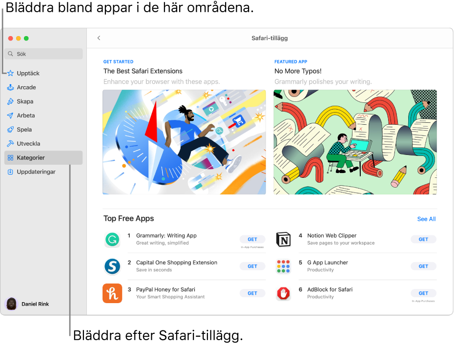 Sidan för Safari-tillägg i Mac App Store. I sidofältet till vänster finns länkar till andra sidor: Upptäck, Arcade, Skapa, Arbeta, Spela, Utveckla, Kategorier och Uppdatera. Till höger finns tillgängliga Safari-tillägg.