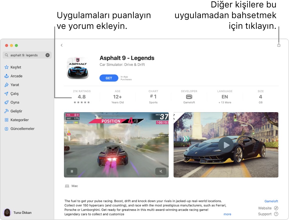 App Store’da bir uygulamanın müşteri değerlendirmeleri.