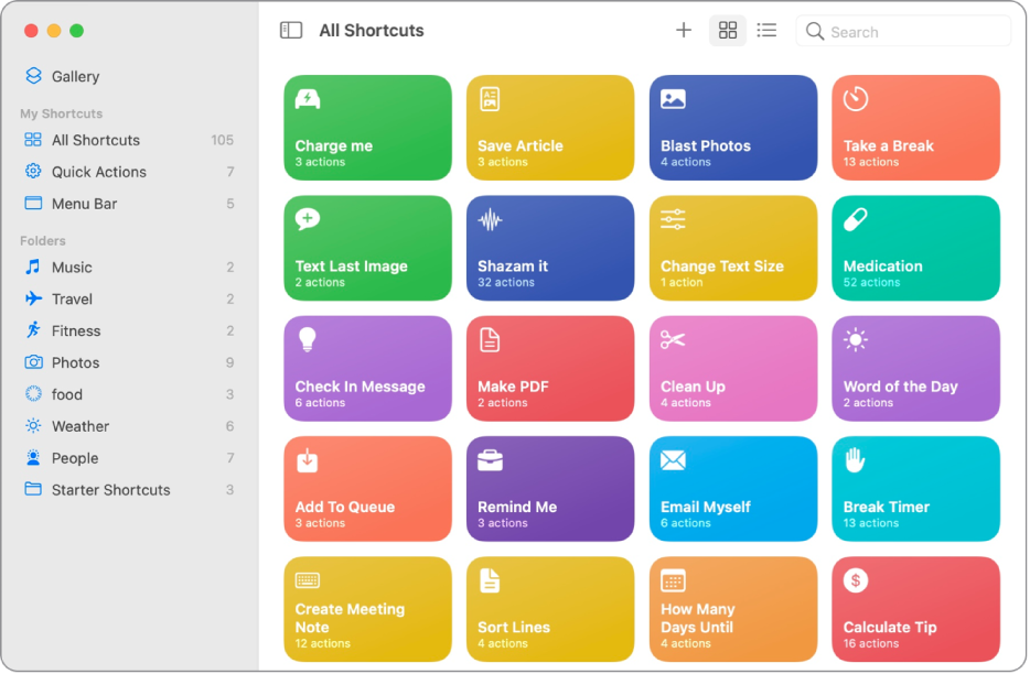 The Shortcuts window with shortcuts listed.