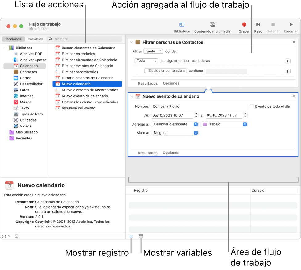 La ventana de Automator. La biblioteca aparece en el extremo izquierdo y contiene una lista de las apps para las que Automator proporciona acciones. La app Calendario está seleccionada en la lista, y las acciones disponibles para ella están en una columna a la derecha. En el lado derecho de la ventana hay un flujo de trabajo que tiene una acción de Calendario agregada.