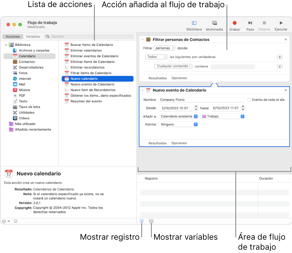 La ventana de Automator. En el extremo izquierdo se muestra la Biblioteca, que contiene una lista de apps para las que Automator proporciona acciones. La app Calendario está seleccionada en la lista, y las acciones disponibles en Calendario se enumeran en la columna de la derecha. En la parte derecha de la ventana se muestra un flujo de trabajo al que se ha añadido una acción de Calendario.