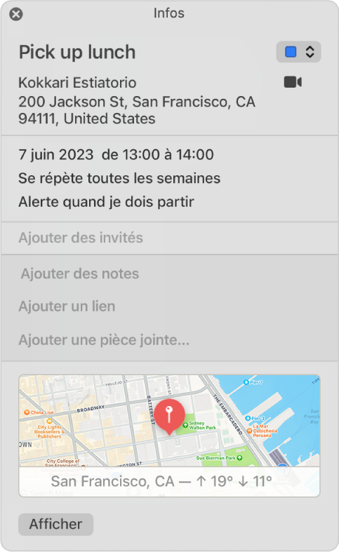 Une fenêtre d’informations d’un évènement de calendrier. Les informations de l’évènement sont affichées, y compris le nom et l’adresse du lieu, ainsi qu’un petit plan.