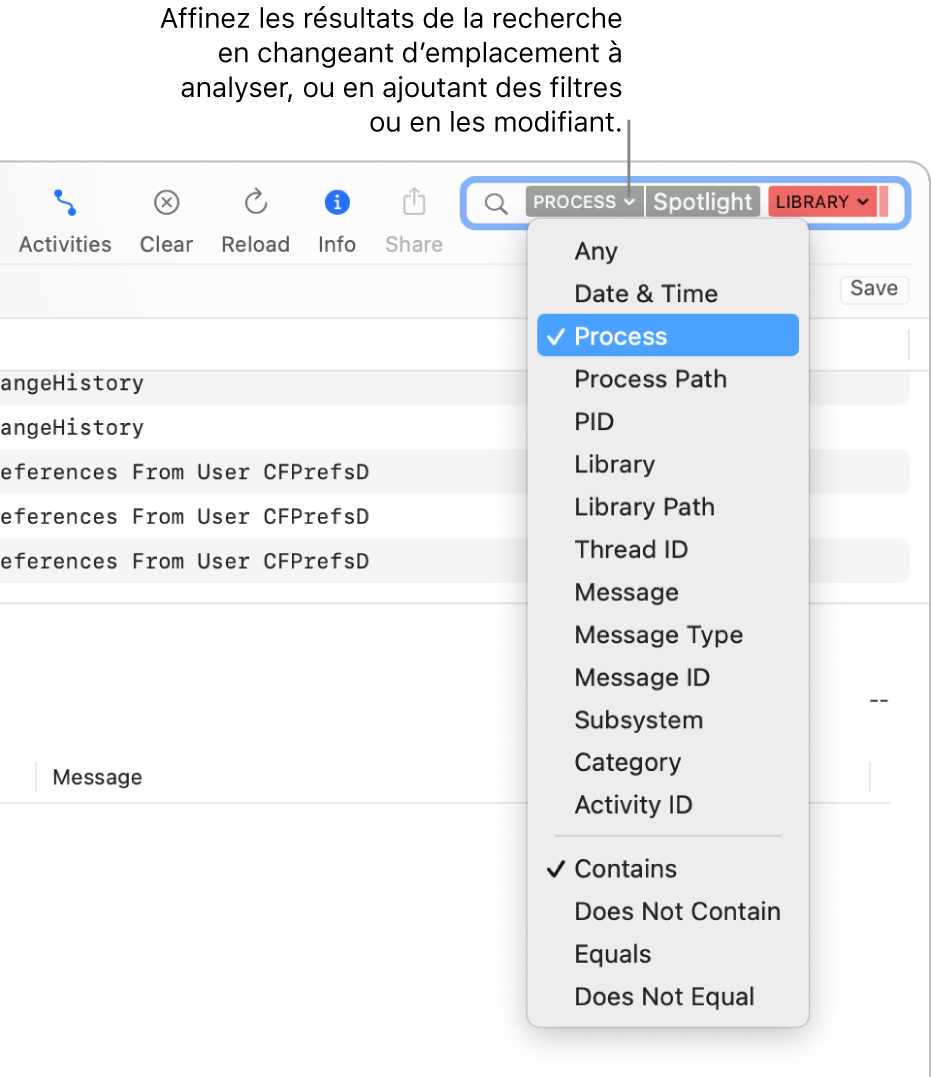 Le champ de recherche en haut de la fenêtre Console, avec deux filtres de recherche dans le champ et un menu sous l’un d’entre eux. Vous pouvez affiner les résultats de la recherche en changeant le filtre, en ajoutant plusieurs filtres ou en affinant le filtre.