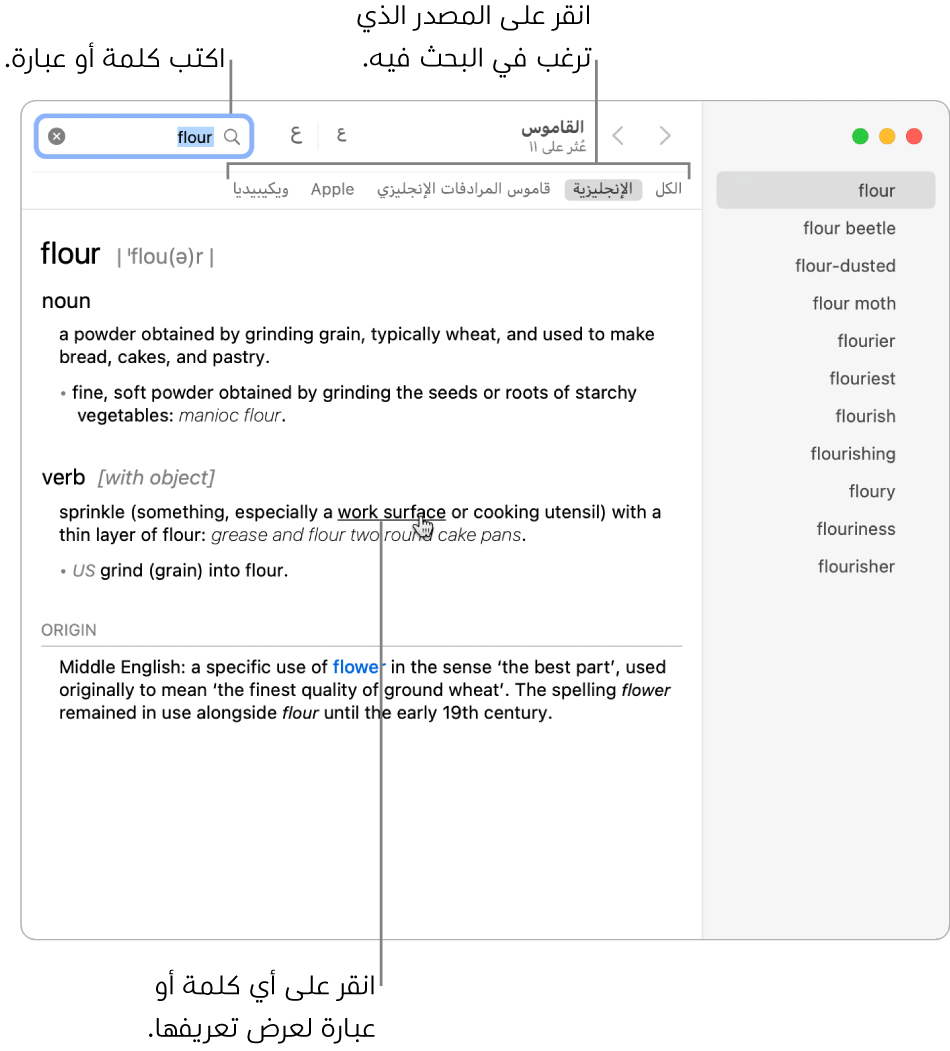 نافذة القاموس الكاملة ويظهر بها تعريف. انقر على أي كلمة أو عبارة في التعريف لعرض تعريفها. لتحديد مصدر للبحث فيه، انقر على اسمه في شريط المصادر الموجود أسفل شريط الأدوات. اكتب كلمة أو عبارة في حقل البحث.