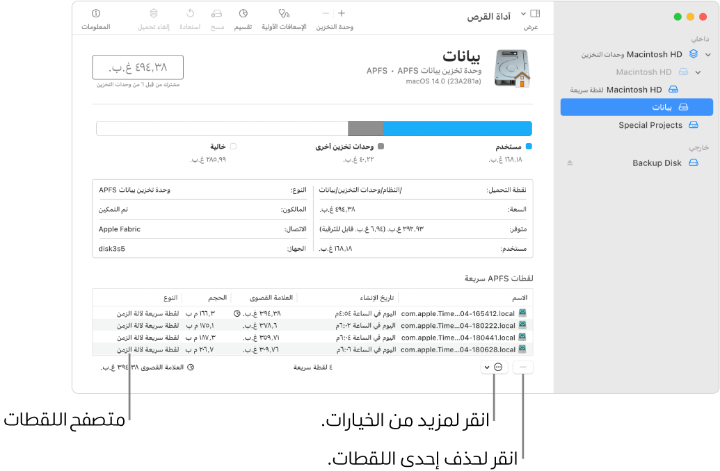 نافذة أداة القرص تظهر متصفح اللقطات السريعة.