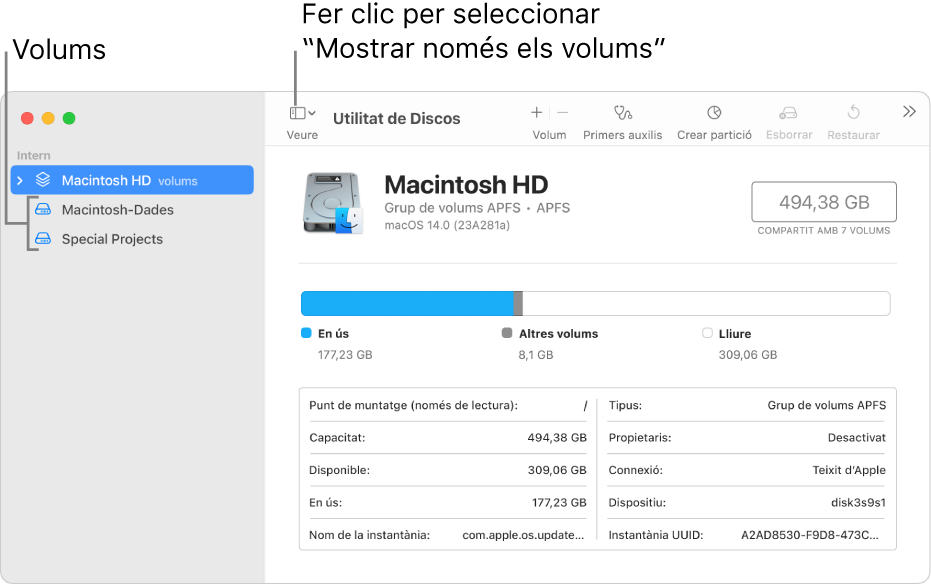 Una finestra de la Utilitat de Discos on es mostra la vista “Mostrar només els volums”.