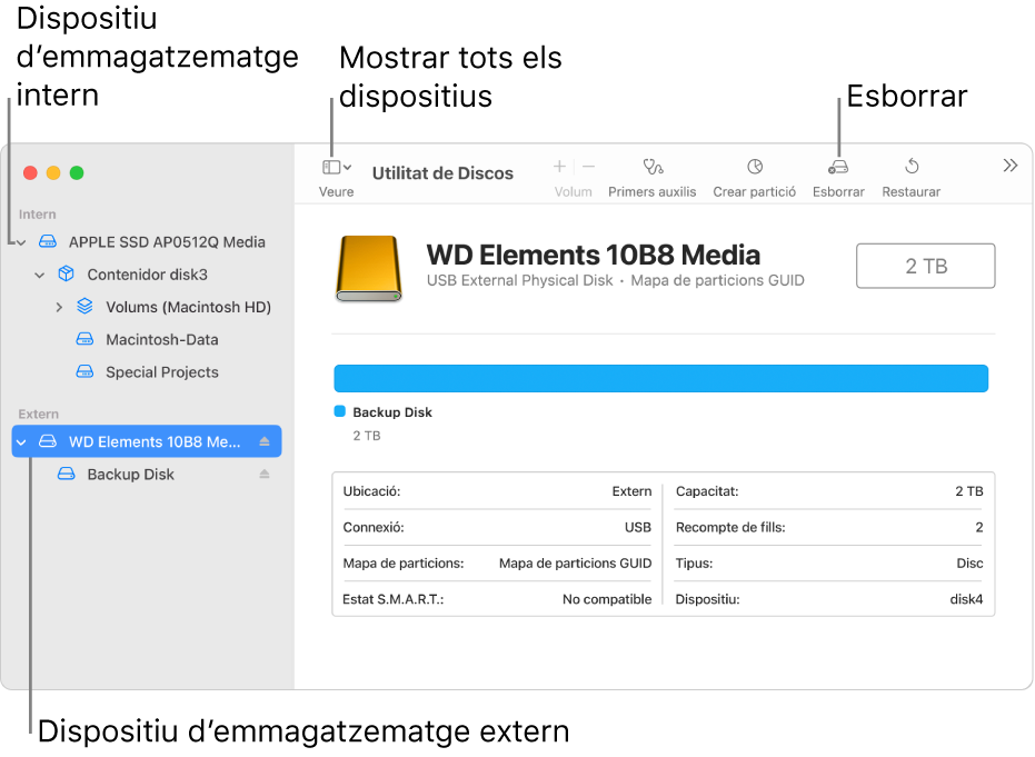 Una finestra de la Utilitat de Discos on es poden veure dos dispositius d’emmagatzematge a la vista “Mostrar tots els dispositius”.