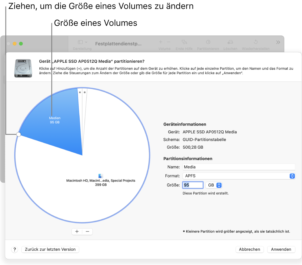 Das Fenster „Partitionen“ zeigt eine physische Festplatte mit mehreren Partitionen.