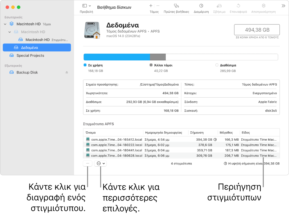 Παράθυρο του Βοηθήματος δίσκων στο οποίο εμφανίζεται η Περιήγηση στιγμιότυπων.