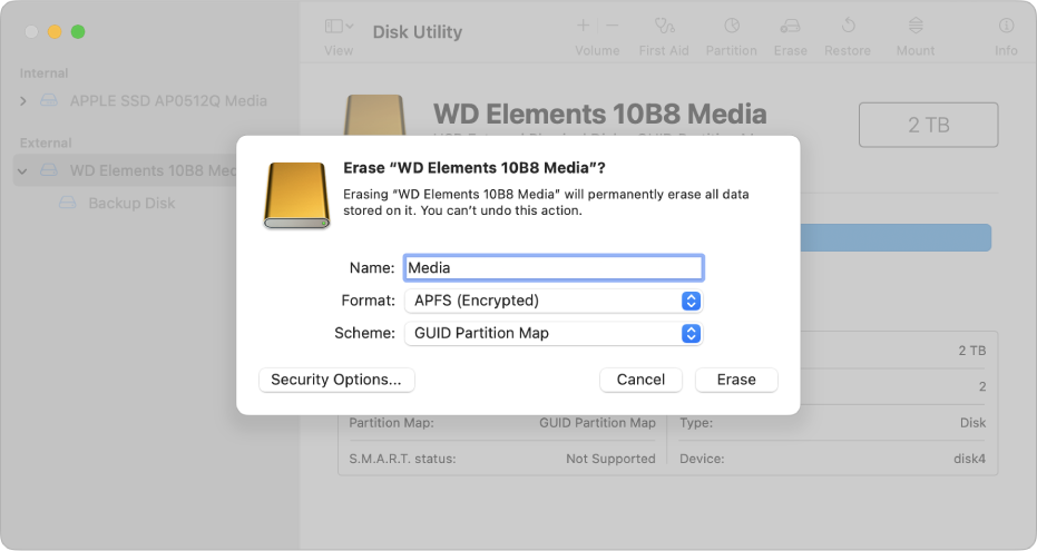 A Disk Utility window showing the erase dialogue being set up to reformat an external drive with an APFS encrypted format.