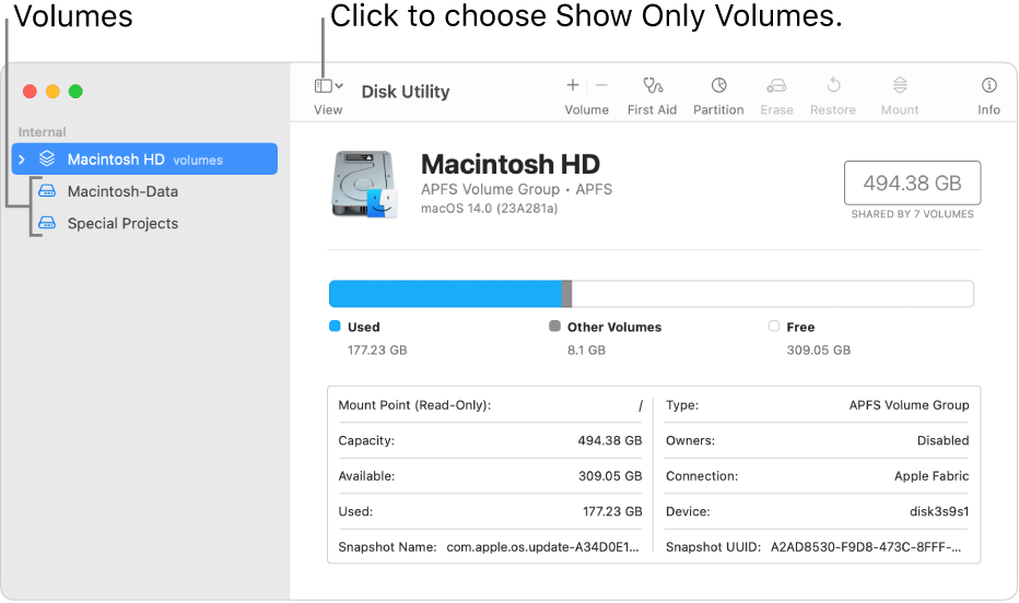 A Disk Utility window in Show Only Volumes view.