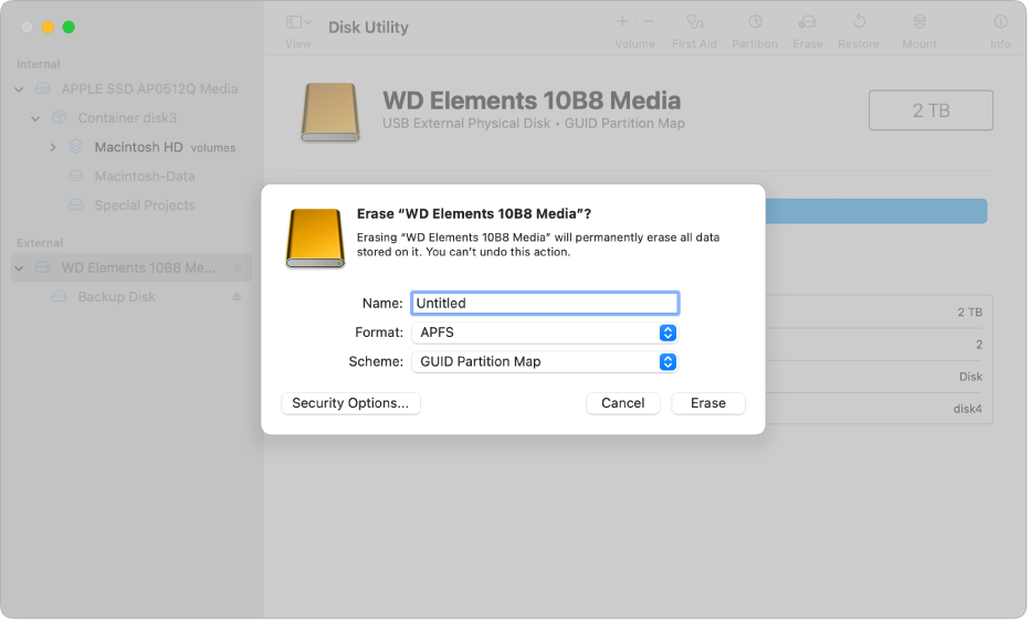 The Erase dialogue showing the name, format and scheme fields.