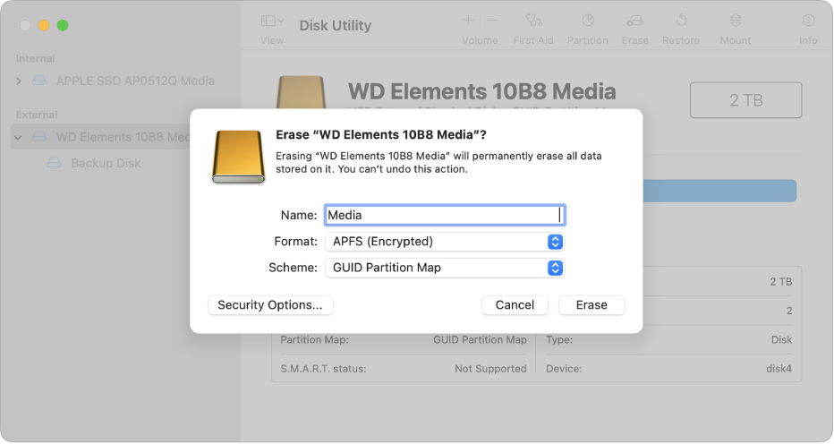 A Disk Utility window showing the erase dialogue being set up to reformat an external drive with an APFS encrypted format.