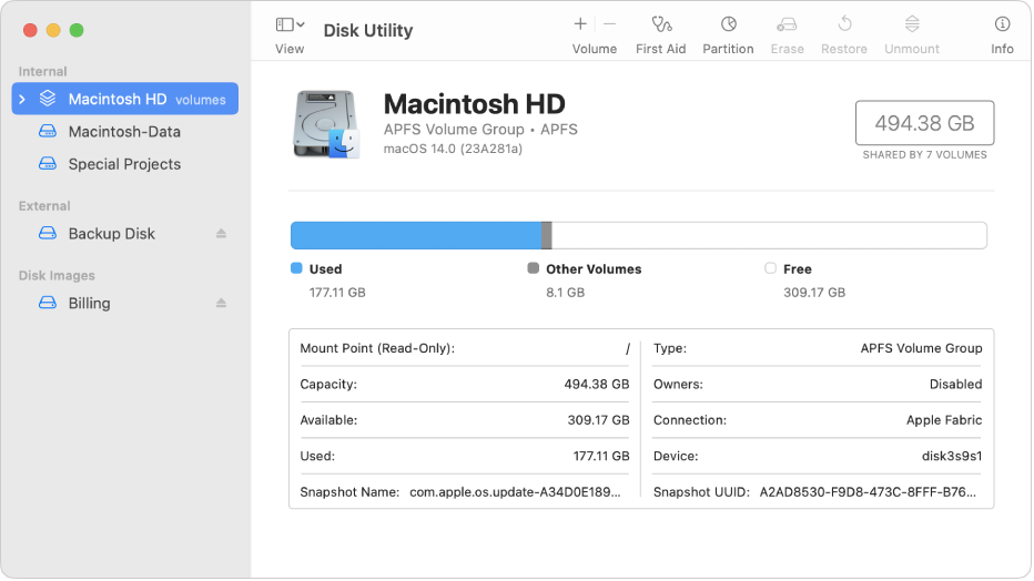 The Disk Utility window, showing two APFS volumes on an internal disk, a volume on an external disk and a disk image.