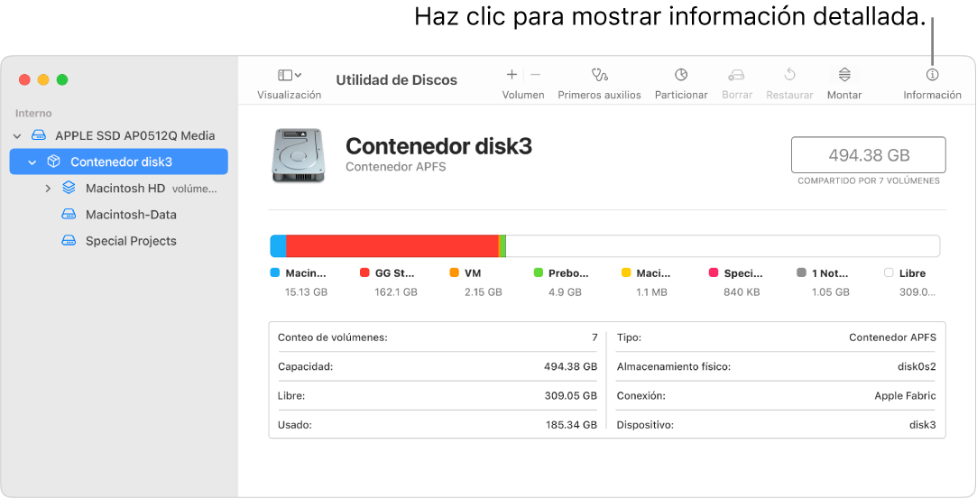 La ventana Utilidad de Discos mostrando un dispositivo de almacenamiento seleccionado en la barra lateral e información sobre el dispositivo a la derecha.