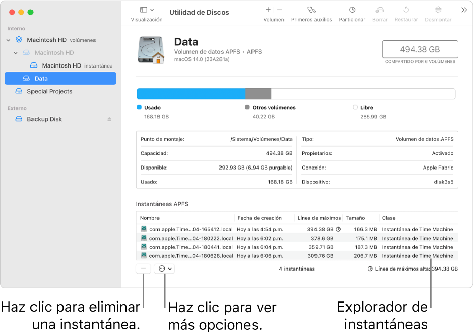 Una ventana de la Utilidad de Discos mostrando el explorador de instantáneas.