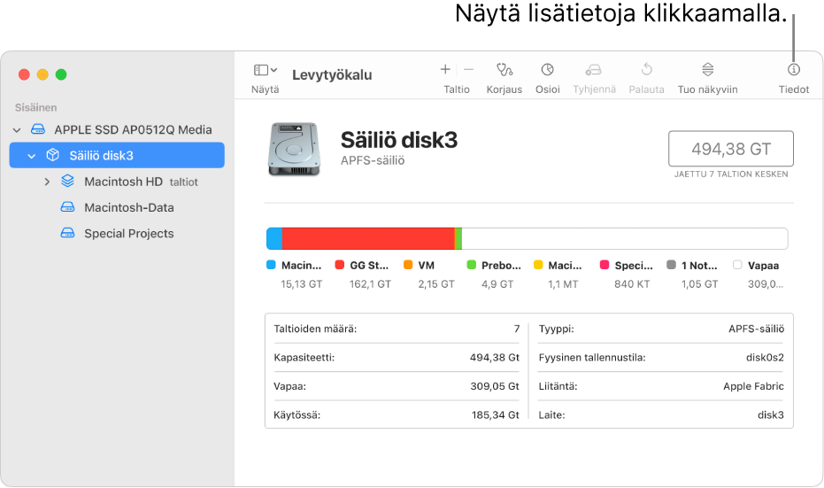 Levytyökalu-ikkuna, jossa näkyy tallennuslaite valittuna sivupalkissa ja tietoja laitteesta oikealla.