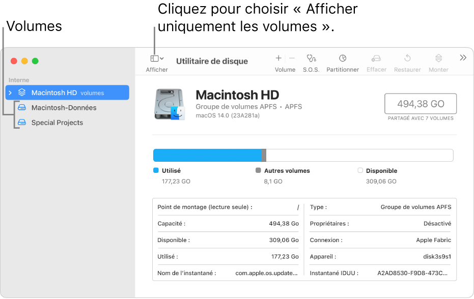 Fenêtre Utilitaire de disque en présentation Afficher uniquement les volumes.