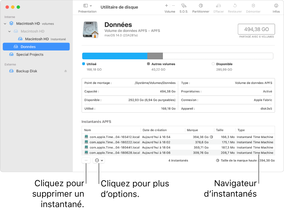 Une fenêtre Utilitaire de disque affichant le navigateur d’instantanés.