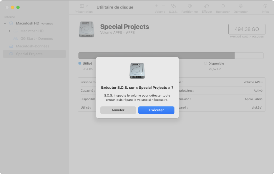 Une fenêtre Utilitaire de disque affichant la zone de dialogue de confirmation de S.O.S.