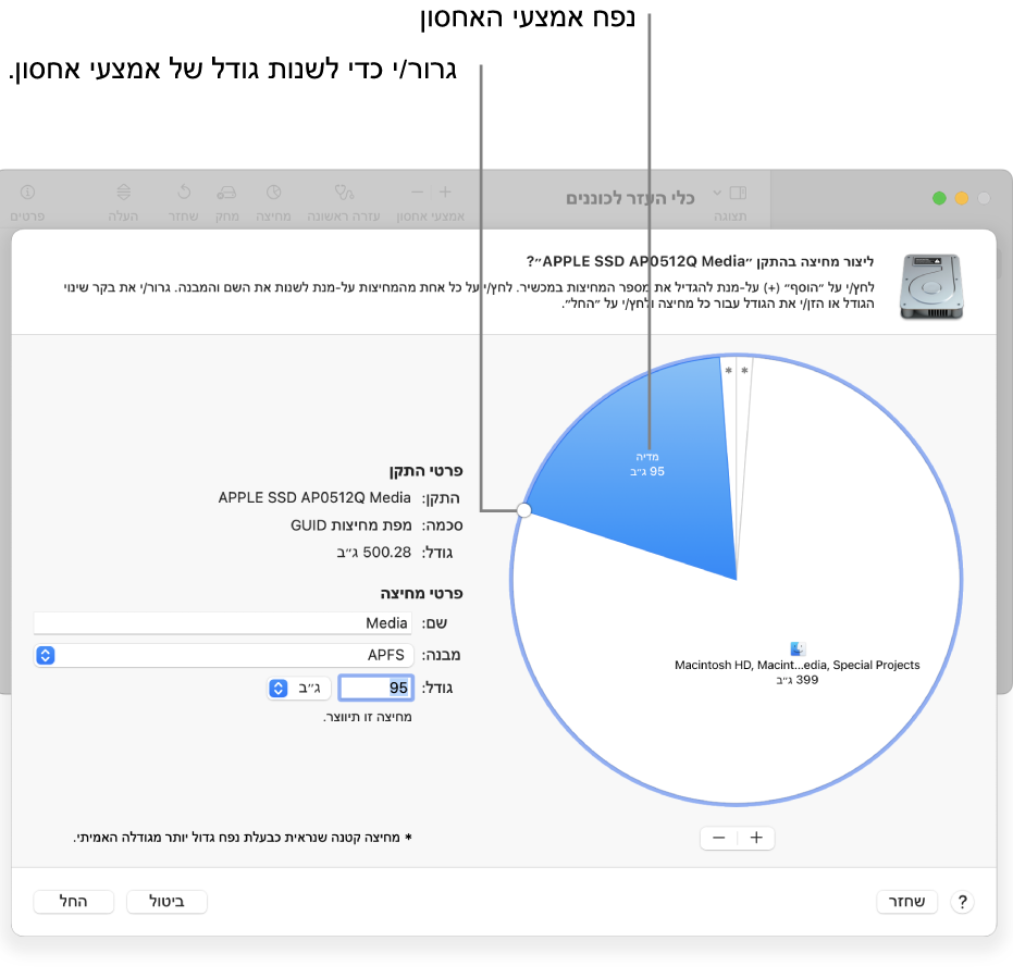 החלון ״מחיצות״ מציג כונן פיזי ובו כמה מחיצות.