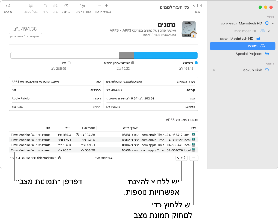 חלון ״כלי העזר לכוננים״, מציג את דפדפן תמונות המצב.