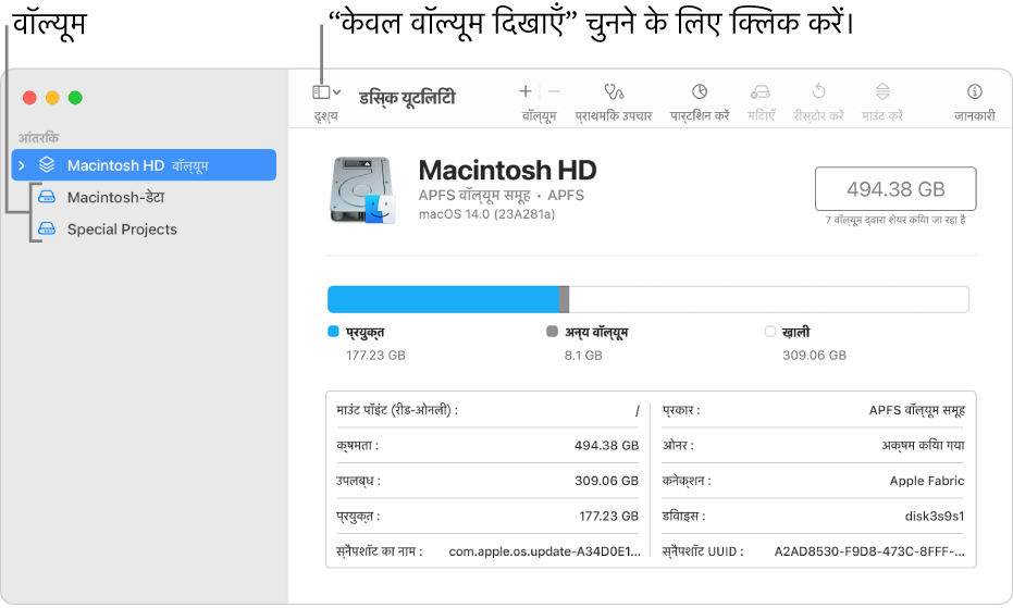 केवल वॉल्यूम दृश्य दिखाएँ में डिस्क यूटिलिटी विंडो।