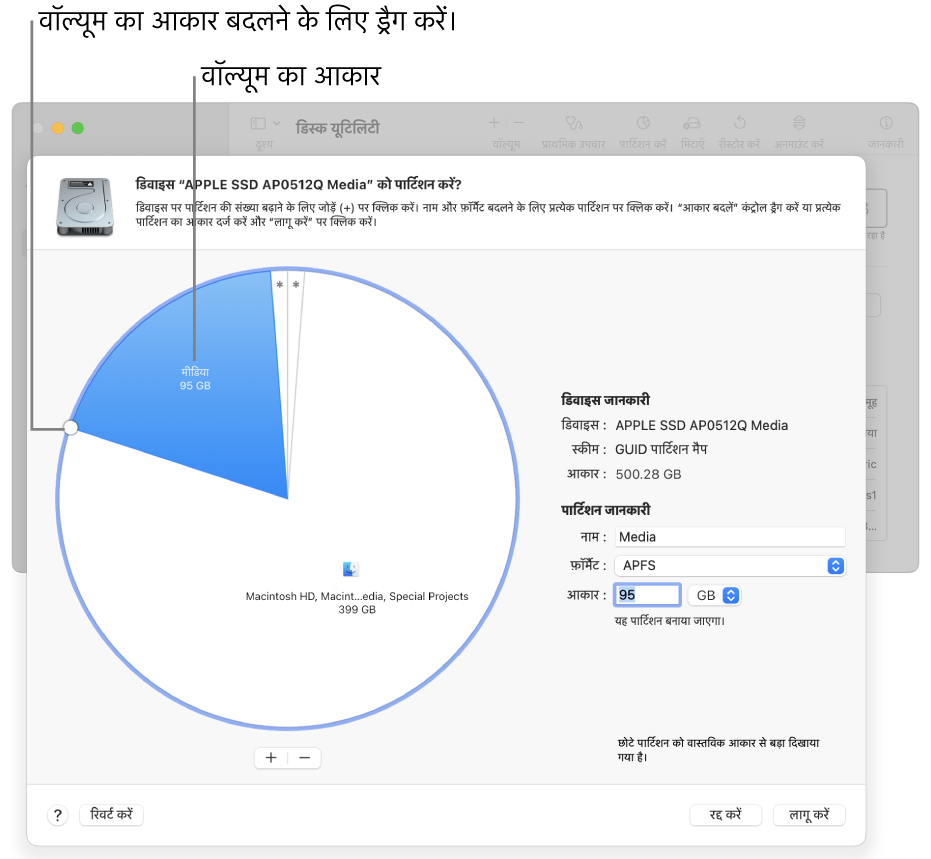 पार्टिशन विंडो जो कई पार्टिशन वाली भौतिक डिस्क दिखाती है।