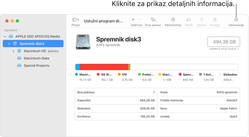 Prozor Uslužni program prikazuje uređaj za pohranu odabran u rubnom stupcu i informacije o uređaju prikazane s desne strane.