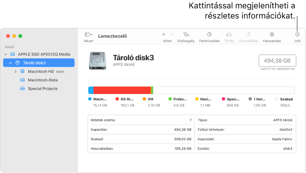 A Lemezkezelő ablaka az oldalsávon egy kijelölt eszközzel, és jobb oldalon az eszközzel kapcsolatosan megjelenített információkkal.