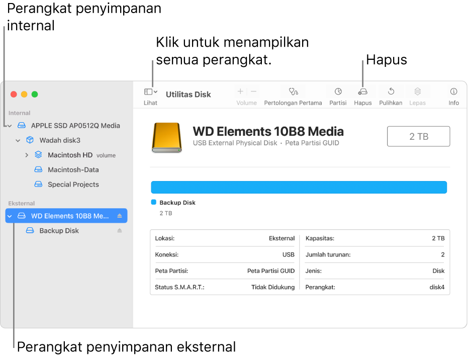 Jendela Utilitas Disk menampilkan dua perangkat penyimpanan di tampilan Tampilkan Semua Perangkat.