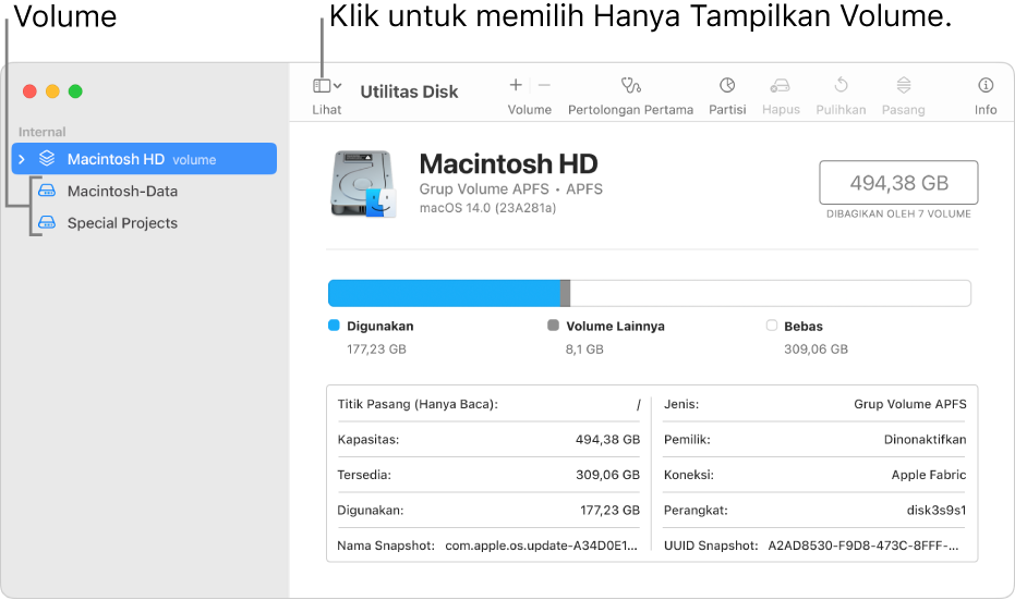 Jendela Utilitas Disk di tampilan hanya tampilkan volume.