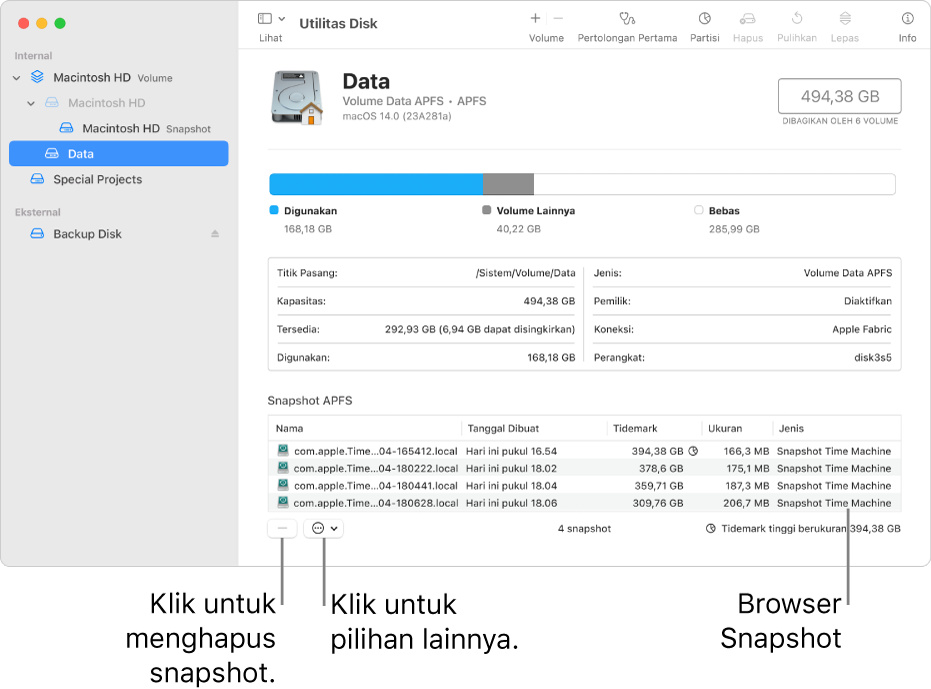 Jendela Utilitas Disk menampilkan browser snapshot.