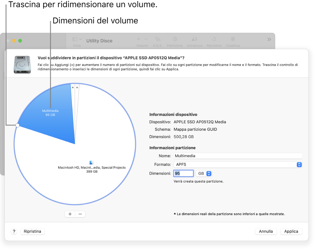 La finestra Partizioni che mostra un disco fisico con diverse partizioni.