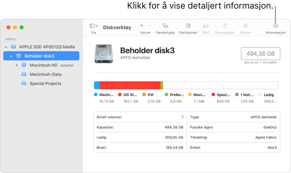 Et Diskverktøy-vindu som viser en lagringsenhet som er markert i sidepanelet, og informasjonen om enheten vises til høyre.