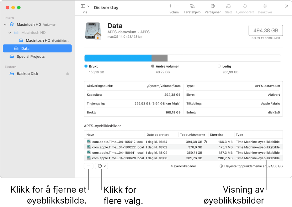 Et Diskverktøy-vindu som viser navigeringsvinduet for øyeblikksbilder.