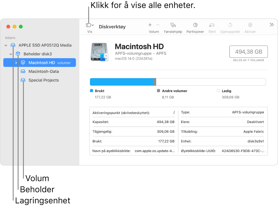 Et Diskverktøy-vindu som viser tre volumer en beholder og en lagringsenhet i Vis alle enheter-vinduet.