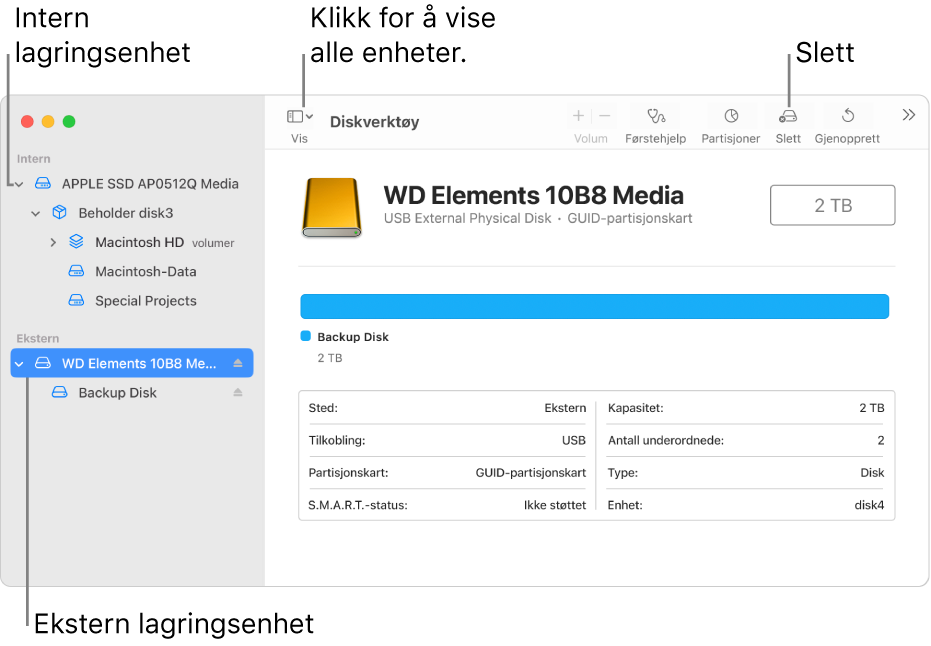 Et Diskverktøy-vindu som viser to lagringsenheter i Vis alle enheter-visningen.