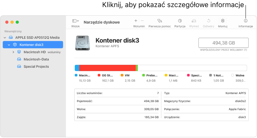 W oknie aplikacji Narzędzie dyskowe widoczne jest urządzenie pamięci masowej zaznaczone na pasku bocznym oraz informacja o tym urządzeniu wyświetlona po prawej.