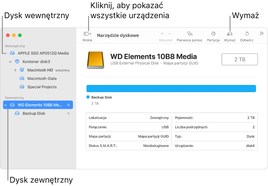 Okno Narzędzi dyskowych z dwoma urządzeniami pamięci masowej w widoku Pokaż wszystkie urządzenia.