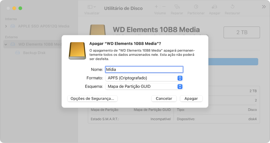 Uma janela do Utilitário de Disco mostrando o diálogo de apagamento sendo configurado para reformatar um disco externo com um formato APFS criptografado.