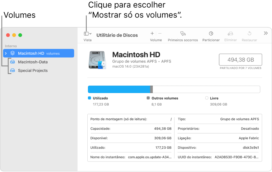 Uma janela do Utilitário de Discos na vista “Mostrar só os volumes”.