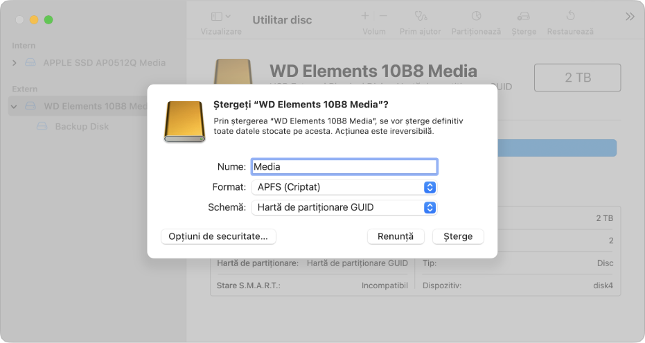 O fereastră Utilitar disc afișând dialogul de ștergere configurat să reformateze o unitate externă cu format APFS criptat.